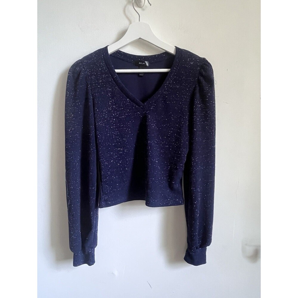 Aqua Crop Top Navy Metallic Ballon Sleeve Puff Shoulder Sz S Romantic